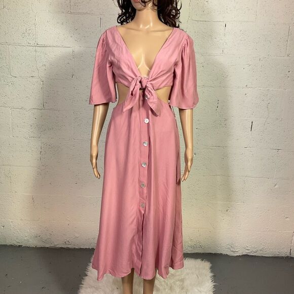 NEW ZARA Y2K boho pink cut out tied front Short sleeves buttons midi dress M - Picture 5 of 13